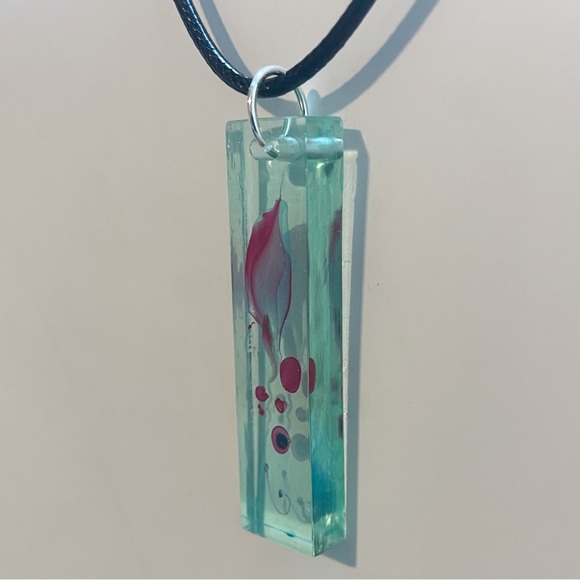 Aqua Water Marble Resin Long Rectangular Pendant Necklace - Picture 3 of 9